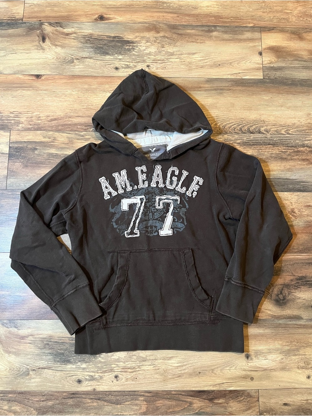 Vintage Y2K American Eagle Hoodie Mens Large Brown Pullover Graphic Grunge
